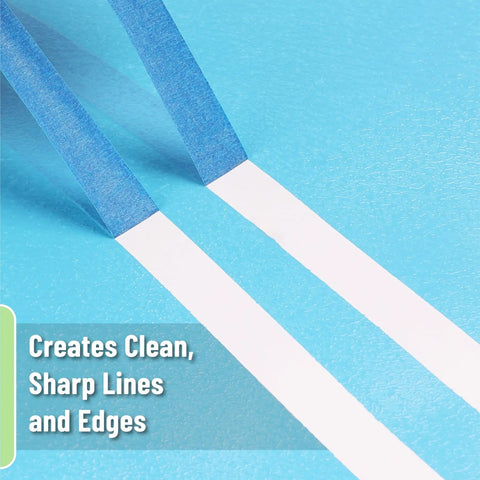 0.7 Inch Painter's Tape 3 Pack With 54 Yards Each For Sharp Lines And Easy Removal, showing clean, sharp blue edges on surface.