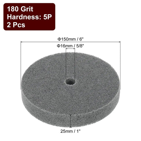 Two Pack Six Inch By One Inch 180 Grit Nylon Fiber Polishing Wheels With Five Eighth Inch Arbor, 6x1 inch pads for bench grinder use.