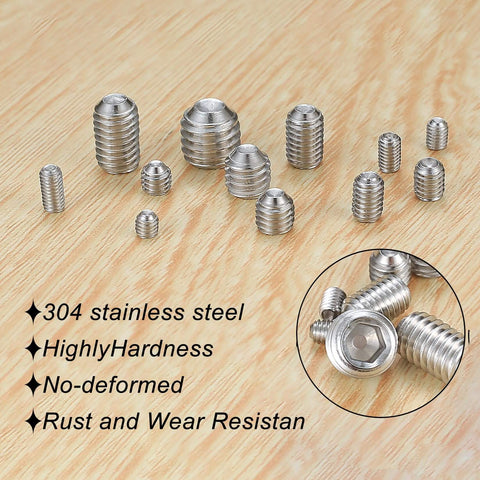 240 Pcs Set Screws Assortment Kit With Allen Keys In M3 M4 M5 M6 M8 Sizes Premium 304 Stainless Steel on wooden surface