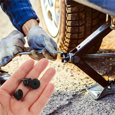 105 Pcs Black Rubber Jack Oil Plug Set For Floor Bottle Jacks in use during car tire change with hydraulic seal plugs visible