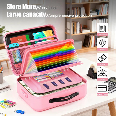 Open pink safe box storing documents, cash, and valuables; Beefy Built Fireproof Document Safe Box With Lock For Home Office