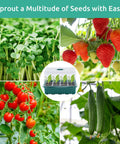 Collage of plants and strawberries with a 7 Pack Seed Starter Tray Kit With 84 Separate Cells Humidity Dome center image.