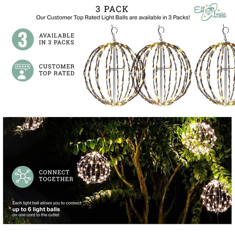 Three Pack 16 Inch LED Globe Light Balls For Indoor Outdoor Use With Fold Flat Metal Frame Waterproof And Lightweight Warm White Lights Perfect For Holiday Decor Patio Parties Weddings And Event Ambience displayed in trees at night.