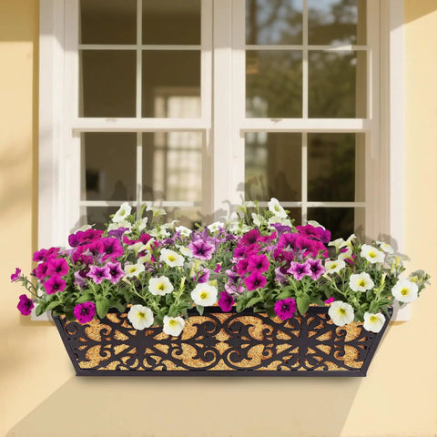 Two Pack 24 Inch Window Box Planters With Adjustable Brackets Coco Liners And Fabric Grow Bags mounted on window ledge
