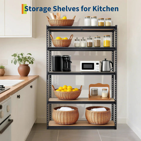 Heavy Duty Five Tier Metal Shelving Unit With Reinforced Steel Frame And Adjustable Thick Mdf Shelves Rock Solid Garage Storage Rack Industrial Warehouse Organizer Never Breaking A Sweat with kitchen items.