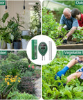 All-In-One Soil Tester 2-Pack in use: indoor plants, outdoor garden, vegetable field, and garden for moisture, light and pH testing.