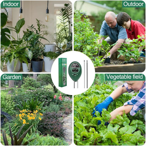 All-In-One Soil Tester 2-Pack in use: indoor plants, outdoor garden, vegetable field, and garden for moisture, light and pH testing.