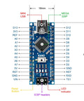 Diagram of ATmega328P Micro Controller Board V3.0 with USB, showing pin labels and dimensions, ideal for Arduino IDE projects.