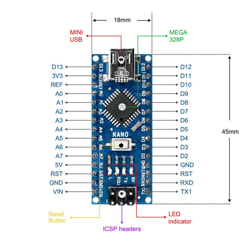 Diagram of ATmega328P Micro Controller Board V3.0 with USB, showing pin labels and dimensions, ideal for Arduino IDE projects.