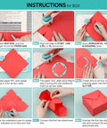 Instructions for using No Stress 3 In 1 Envelope Punch Board And Gift Box Maker demonstrating box assembly steps on a red paper.