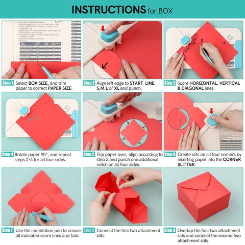 Instructions for using No Stress 3 In 1 Envelope Punch Board And Gift Box Maker demonstrating box assembly steps on a red paper.