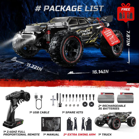 Package contents of DEERC 209E 1:10 Scale Brushless RC Car For Adults And Kids, 60 KMH Top Speed 4WD Off Road Remote Control Truck.