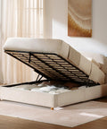 Queen Lift Up Storage Bed Frame With Adjustable Headboard Featuring Premium Chenille Upholstery And Smooth Curved Edges For A Chill Sleep Vibe And Solid Setup In Beige with mattress lifted to show storage.
