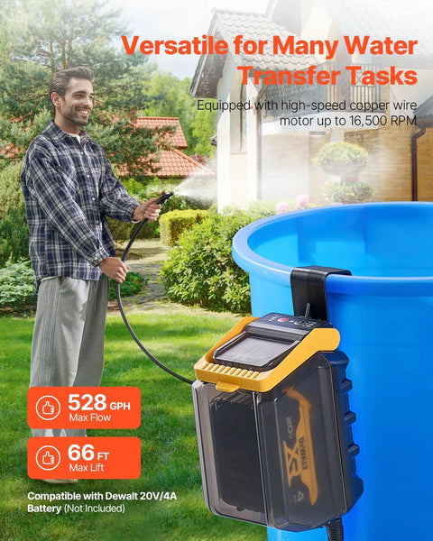 Man using Cordless Submersible Water Transfer Pump With 528 GPH Flow Portable Sump Pump For Pool Garden Pond Includes Three Quarter Inch Garden Hose Compatible With Dewalt 20V Max Battery Battery Not Included Handy For DIY Projects And Quick Water Moves