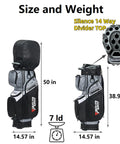 Side view of 14 Way Organizer Golf Cart Bag with Silent Dividers and Rain Cover, focusing on size and weight, 50 inch height, 7 lb weight.