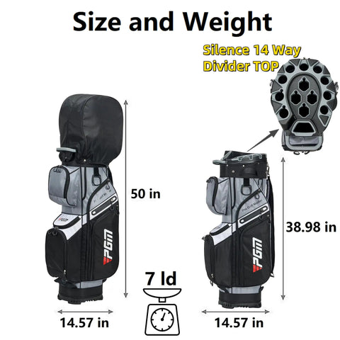 Side view of 14 Way Organizer Golf Cart Bag with Silent Dividers and Rain Cover, focusing on size and weight, 50 inch height, 7 lb weight.
