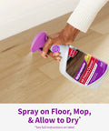 Hand spraying All Floors Cleaner Refill on sealed hardwood floor, demonstrating fresh citrus scent cleaning for dirt and grime removal.