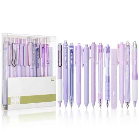 Pastel Purple Gel Pen Set 12 Pack With One Matching Highlighter Black Ink 0.5mm Fine Point Smooth Gel Pens For Journaling School And Office Aesthetic Girly Stationery