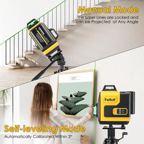 3D Laser Level with 3x360 Degree Green Cross Lines for Construction and Picture Hanging, Self Leveling and Manual Modes, Rechargeable Battery, Remote Controller, Magnetic Rotating Stand for DIY Friendly Indoor Alignment