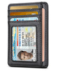 Ultra Slim Front Pocket Wallet With RFID Blocking Leather Card Holder For Men And Women Nine Card Slots Minimalist Design Lightweight Black Everyday Carry showing multiple card slots
