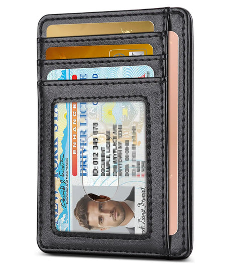 Ultra Slim Front Pocket Wallet With RFID Blocking Leather Card Holder For Men And Women Nine Card Slots Minimalist Design Lightweight Black Everyday Carry showing multiple card slots
