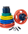 Rubber Color Grip 2 Inch Olympic Weight Plates Set With Bar, colorful stacked plates, barbell, and clips for strength training, 400 lb capacity.