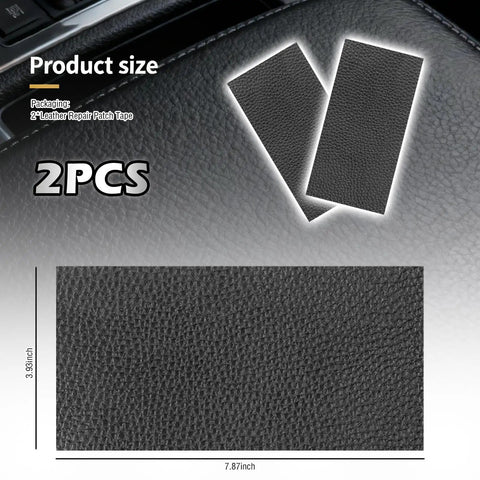 Heavy Duty PU Leather Repair Patches 2 Count 8X4 Inch EZ Peel Self Adhesive Vinyl Tape displayed on surface with sizes.