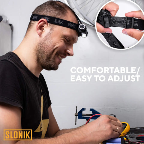 Rechargeable 1000 Lumen LED Headlamp With USB Power, IPX4 Waterproof Head Light worn by man, showing easy adjustment