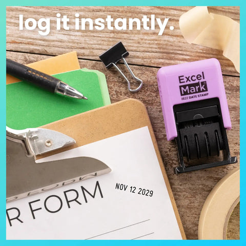 No Sweat Self Inking Date Stamp For Fast Shipping Receiving And Inventory Tracking Clean Black Ink With Easy Twist Dials For Expiration Checks And Reliable Violet Mount placed on a clipboard with paperwork.