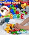 Epic 170 Piece Building Set For Kids Ages 3 To 9 With Toy Box Storage And Idea Guide shown in sink and colorful pieces