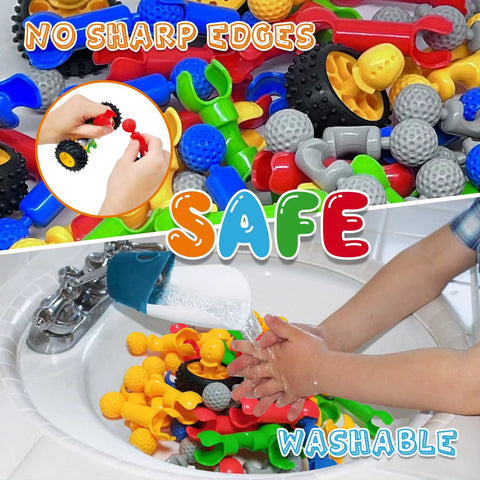 Epic 170 Piece Building Set For Kids Ages 3 To 9 With Toy Box Storage And Idea Guide shown in sink and colorful pieces