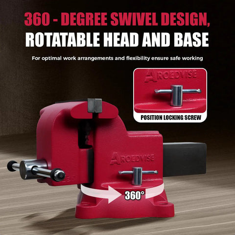 Beast Mode 8 Inch Bench Vise Boasting 360 Degree Swivel Base And 4 Inch Throat Depth delivers flexibility with position locking screw.