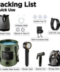 On The Go Camp Shower System For Camping With 8000mAh Battery LED Display USB C Charging 25L Foldable Water Bucket 5 Level Spray IPX8 Waterproof Portable Indoor Outdoor Shower components including pump, foldable bucket, and accessories.