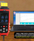 Four-channel red handheld thermocouple data logger with USB and digital readouts (front view)