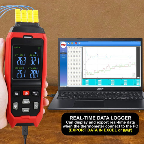 Four-channel red handheld thermocouple data logger with USB and digital readouts (front view)
