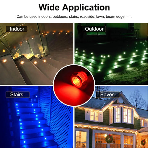 Low Voltage RGB LED Deck Lights Kit Waterproof Recessed Deck Lamps used on stairs, outdoors, and eaves for festive decor