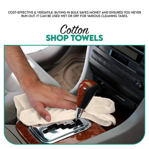 Man wiping car interior console with Cotton Shop Towels Pack Of 150 14 By 12 Inches White Reusable Shop Rags For Cars.