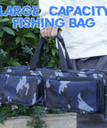 Person holding 17 Inch Fishing Tackle Carrier Bag With Two Front Pockets Travel Large Capacity Rod Case in blue camo pattern