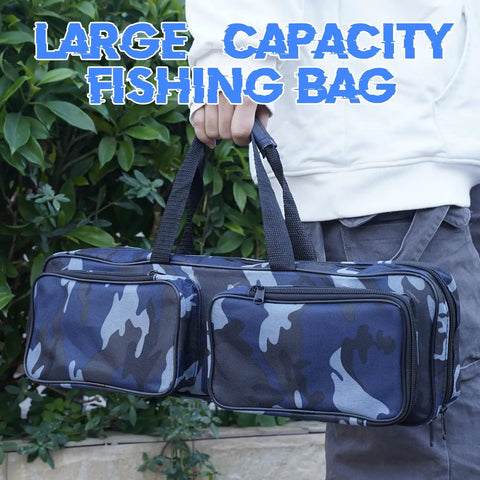 Person holding 17 Inch Fishing Tackle Carrier Bag With Two Front Pockets Travel Large Capacity Rod Case in blue camo pattern