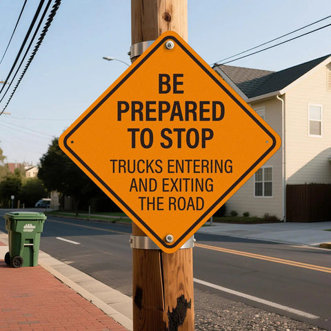 Be Prepared to Stop Sign for Trucks Entering and Exiting the Road 24x24 Inch Reflective Aluminum Traffic Safety Sign mounted on a wooden post