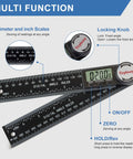 Pro Level Digital Angle Finder Protractor yielding dead on 360 degree measurements with bright LCD screen, detailed function labels.