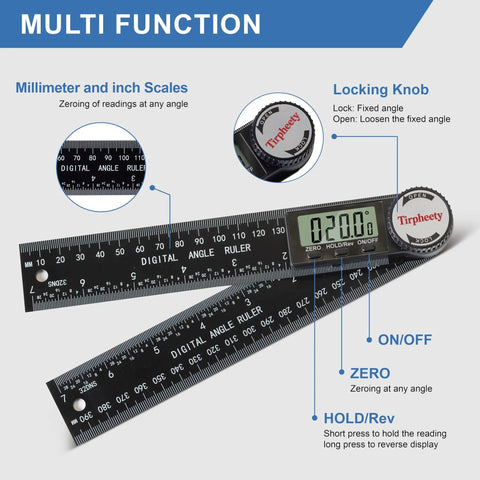 Pro Level Digital Angle Finder Protractor yielding dead on 360 degree measurements with bright LCD screen, detailed function labels.