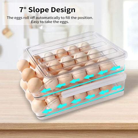 Automatic Rolling Egg Holder For Refrigerator, Clear Stackable Egg Dispenser With Lid, Two Layer 36 Egg Organizer, showing 7° slope design