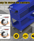 Three Tier Rolling Tool Cart On Wheels With 550-Lb Capacity Drawers Pegboard And Hook Heavy Duty Utility Cart For Garage Shop And Warehouse Dark Blue Finish shown with casters for easy movement and metal drawers.