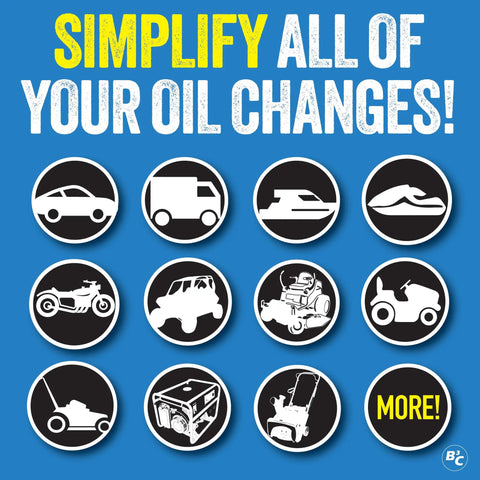 Graphic with icons for vehicles and machinery under text 'Simplify All of Your Oil Changes!'