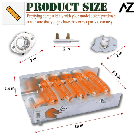 Dryer Heating Element Replacement Kit For Electric Dryers Fits Whirlpool Models with heating element, thermostat, and cutoff