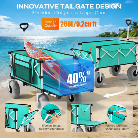 260L Beach Wagon With Extended Tailgate Heavy Duty Beach Cart 440Lbs Capacity 9 Inch Balloon Wheels For Sand Collapsible Folding Wagon in use on beach