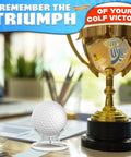 Clear Baseball Holder Stand 1.96 Inch Acrylic Display Stand For Baseballs Softballs Golf Balls Tennis Balls And Small Collectible Balls Perfect Desk Shelf Decor holding a golf ball next to a trophy on a desk.
