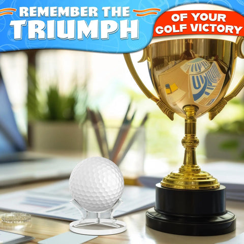 Clear Baseball Holder Stand 1.96 Inch Acrylic Display Stand For Baseballs Softballs Golf Balls Tennis Balls And Small Collectible Balls Perfect Desk Shelf Decor holding a golf ball next to a trophy on a desk.