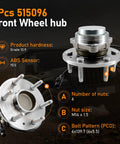 2Pcs 515096 Front Wheel Hub with ABS for GM vehicles, showing 6-lug design, ABS sensor, and product details.